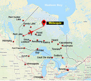 Map showing charter flight route from Red Lake To Webequie, Ontario